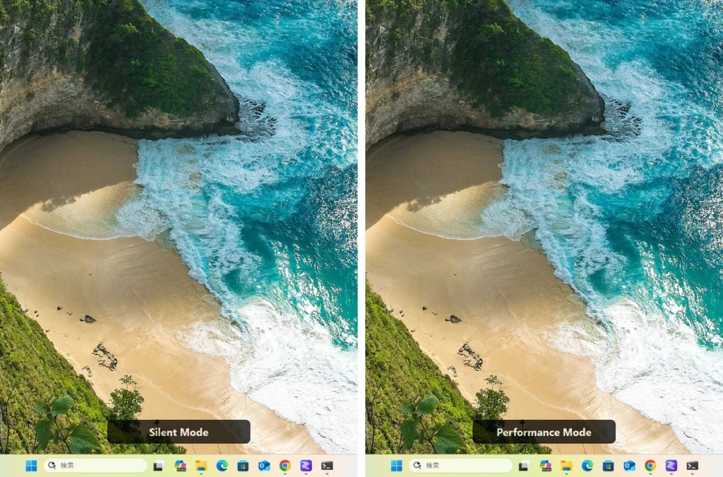 動作モード切替スイッチを押すと画面中央に出る「Silent Mode」と「Performance Mode」の表示